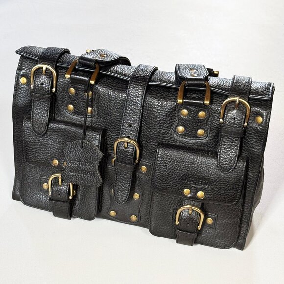Black Leather Lachetta Milano Handbag with Gold Accents. - Picture 1 of 12